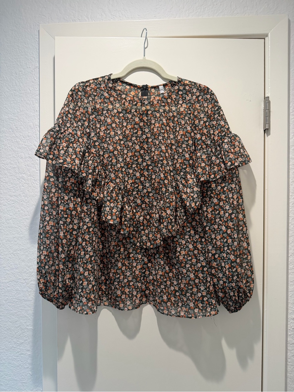 Mango Black Floral Ruffle Blouse with Peach Accents